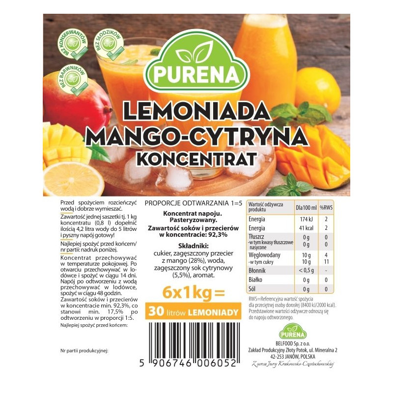 Lemoniada mango-cytryna PURENA koncentrat 1kg na 5l