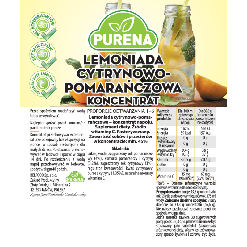 Lemoniada cytrynowo - pomarańczowa PURENA koncentrat 1kg na 6l