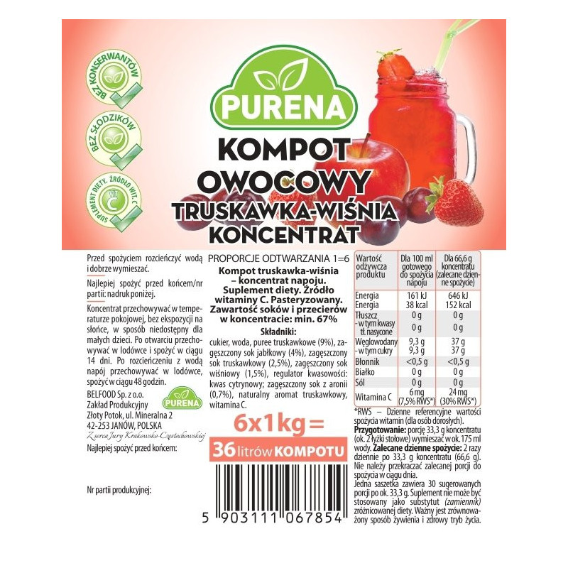 Kompot truskawka-wiśnia PURENA koncentrat 1kg na 6l