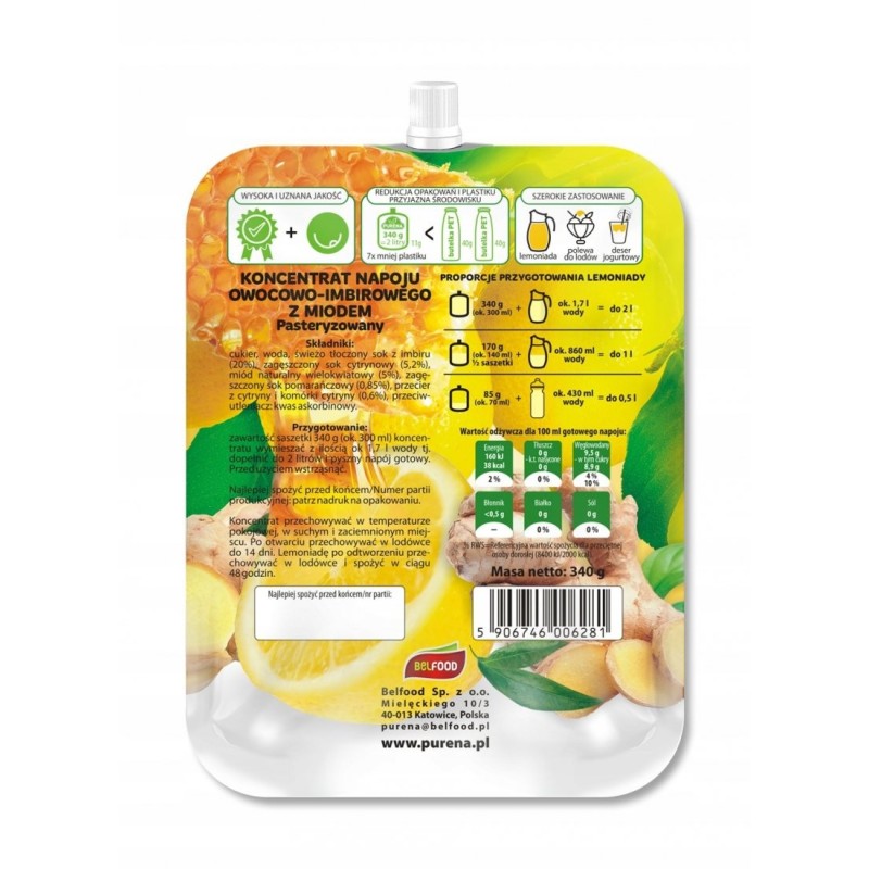 Lemoniada imbir-cytryna-miód koncentrat 340g na 2l
