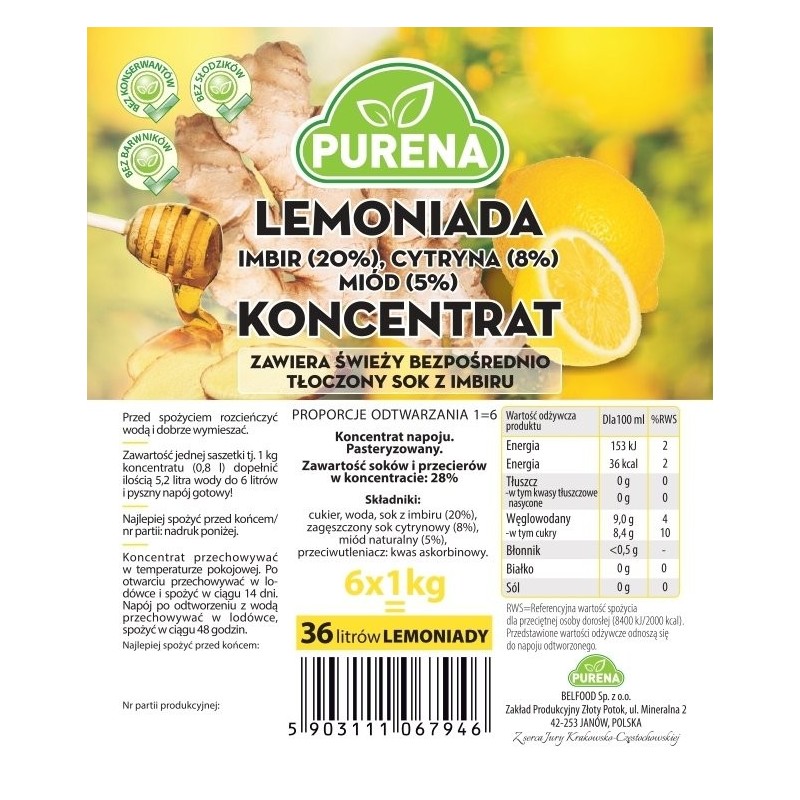 Lemoniada imbir-cytryna-miód koncentrat 1kg na 6l