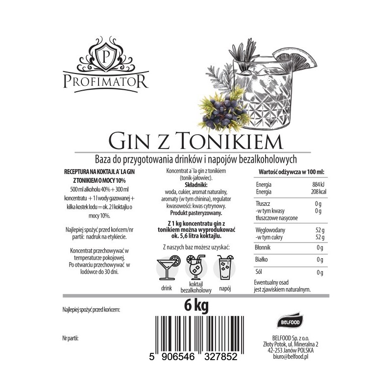Baza do drinków i bezalkoholowych koktajli GIN Z TONIKIEM box 6kg