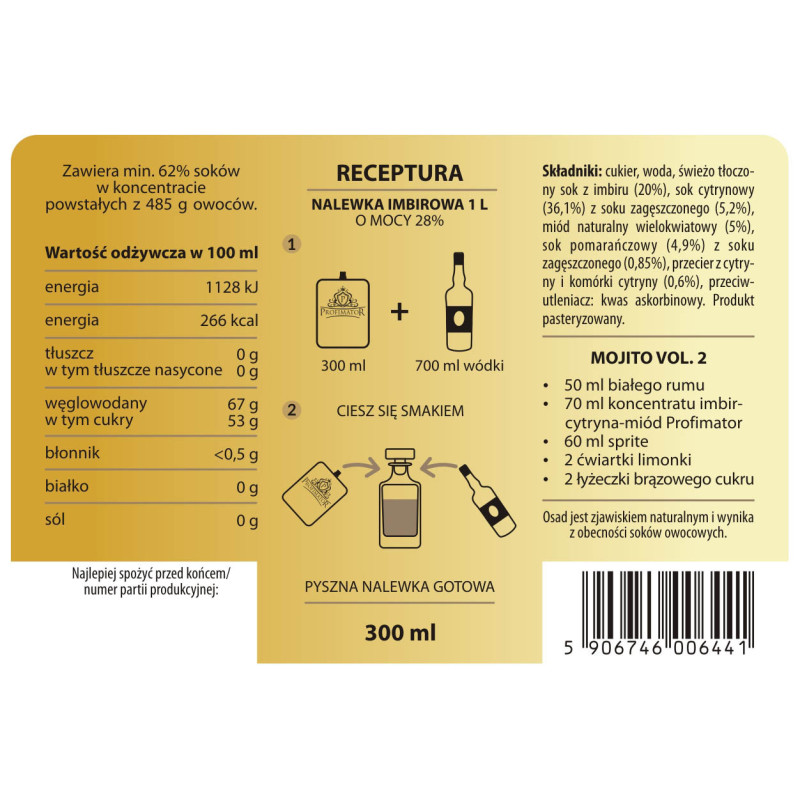 Bezalkoholowy koncentrat IMBIR-CYTRYNA-MIÓD 300ml PROFIMATOR