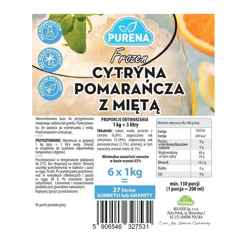 Skoncentrowana baza do wyrobu deserów lodowych CYTRYNA POMARAŃCZA Z MIĘTĄ 1k