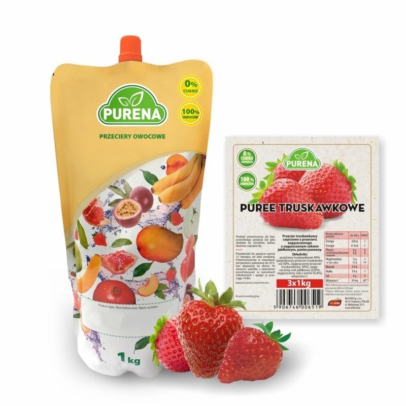 Pulpa puree przecier bez cukru z truskawek 1kg zestaw 3 sztuki
