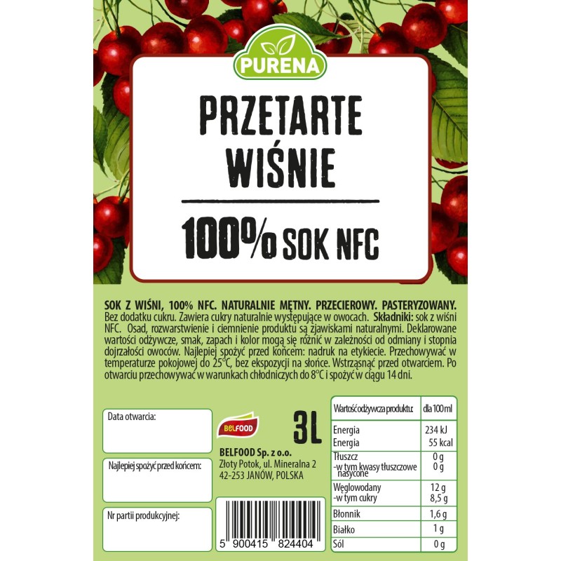 Przetarte wiśnie 100% sok NFC 3L