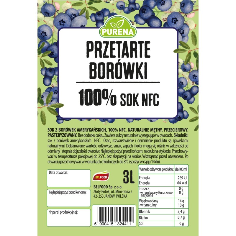 Przetarte borówki amerykańskie 100% sok NFC 3L