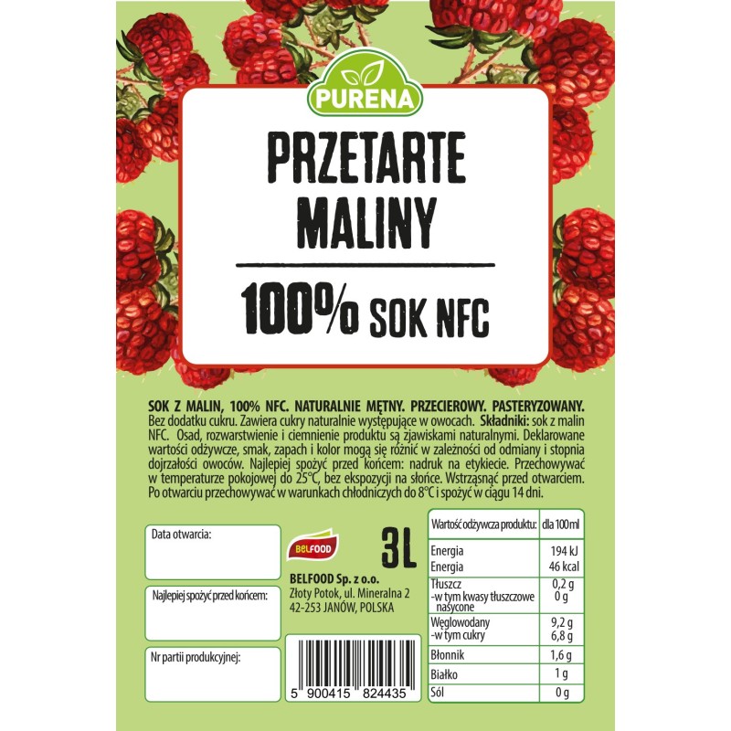 Przetarte maliny PUREE 100% sok NFC 3L