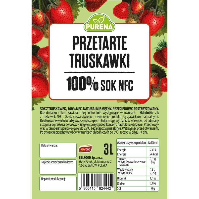 Przetarte truskawki PUREE 100% sok przecier NFC 3L