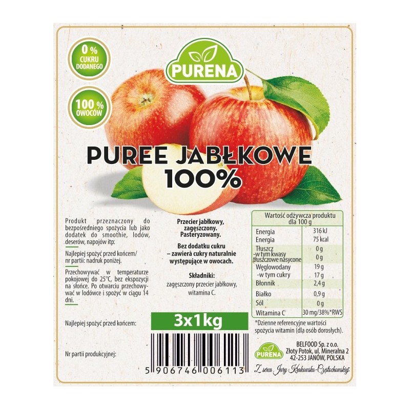 Pulpa (puree) 100% z jabłek 3x1kg