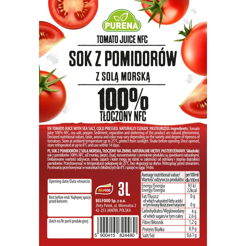 Sok z pomidorów 100% z solą morską tłoczony na zimno NFC 3l