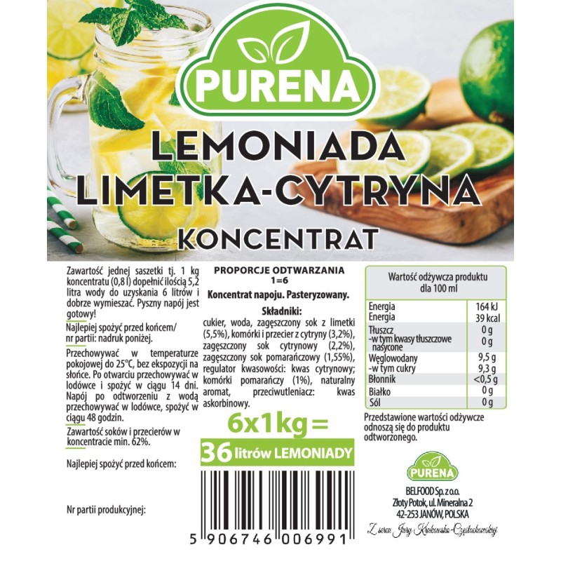 Lemoniada limetka-cytryna PURENA koncentrat 1kg na 6l