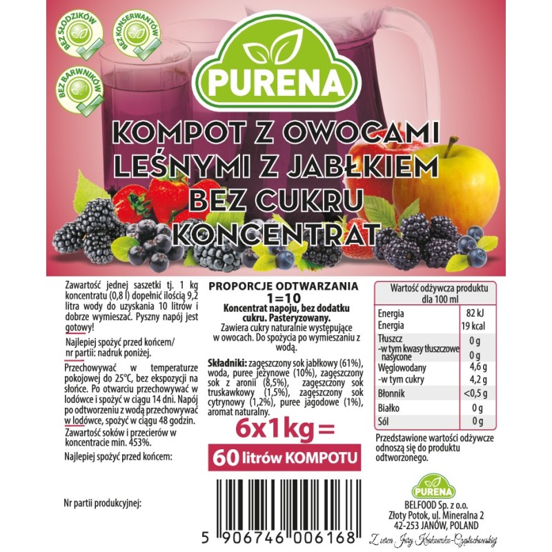 Kompot z owocami leśnymi koncentrat bez cukru 1kg na 10l