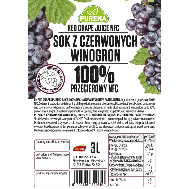 Sok z czerwonych winogron 100% tłoczony NFC PURENA
