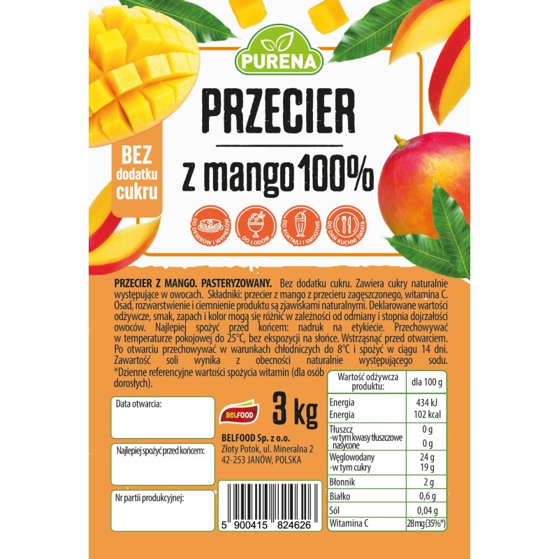 Puree pulpa przecier z mango 100% 3 kg