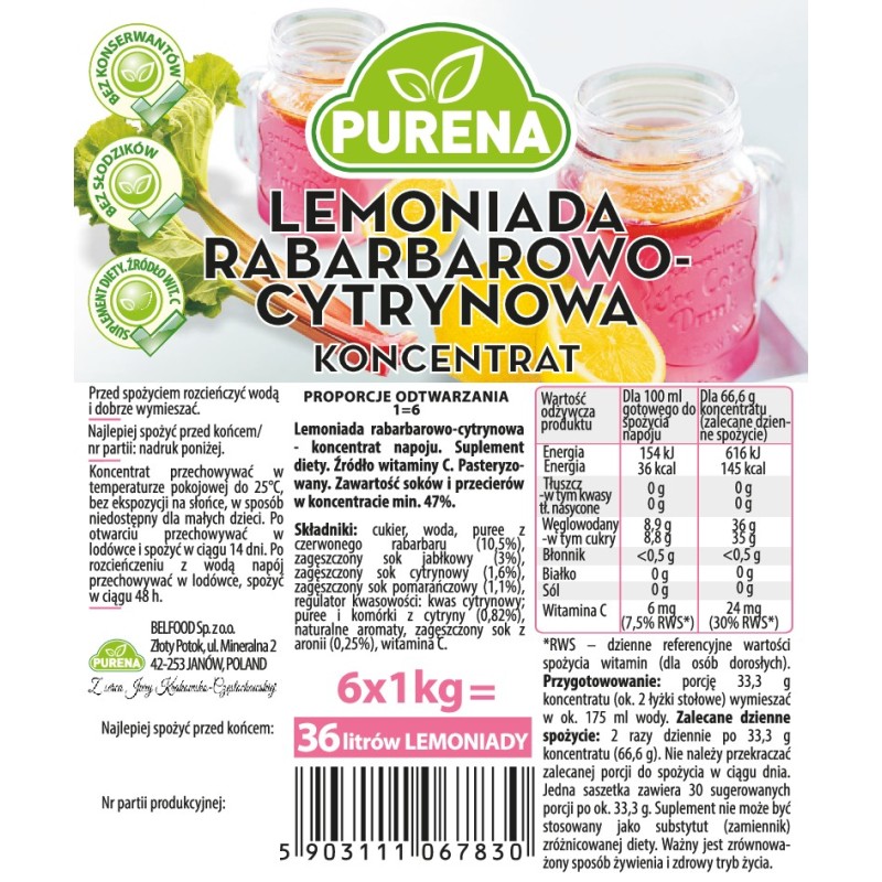 Lemoniada rabarbarowo - cytrynowa PURENA koncentrat 1kg na 6l