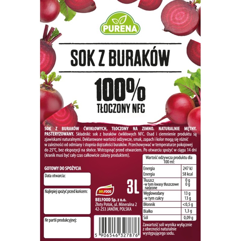 Naturalny Sok z buraków 100% tłoczony na zimno NFC PURENA 3 L