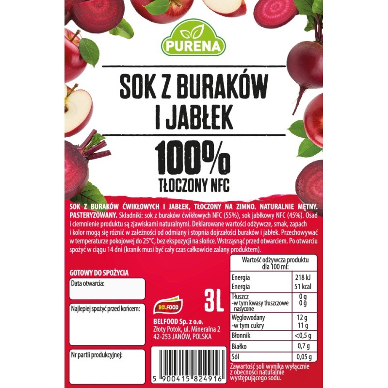 Orzeźwiający sok z buraków i jabłek 100% tłoczony na zimno NFC PURENA 3 L
