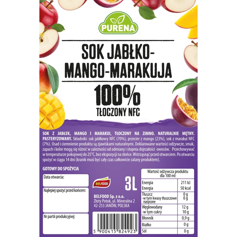 Sok jabłko-mango-marakuja 100% tłoczony NFC PURENA 3 L