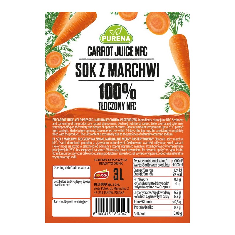 Sok z marchwi 100% tłoczony NFC PURENA 3 L