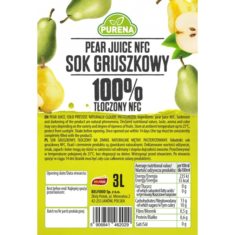 Sok gruszkowy 100% tłoczony na zimno NFC PURENA 3 L