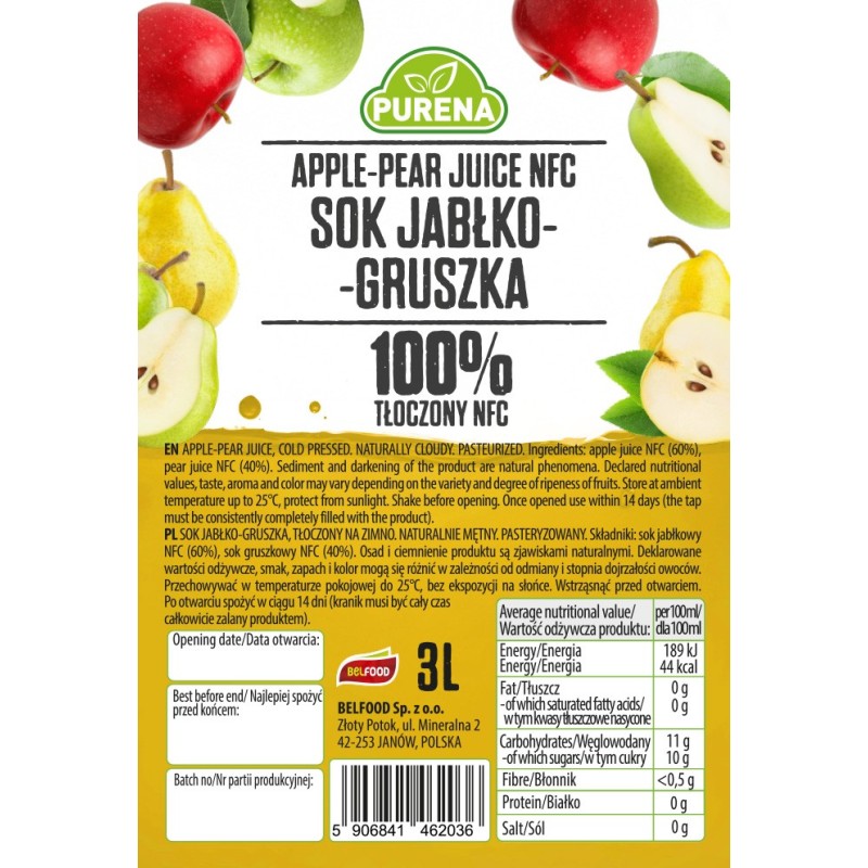 Sok jabłko-gruszka 100% tłoczony na zimno NFC PURENA 3 L