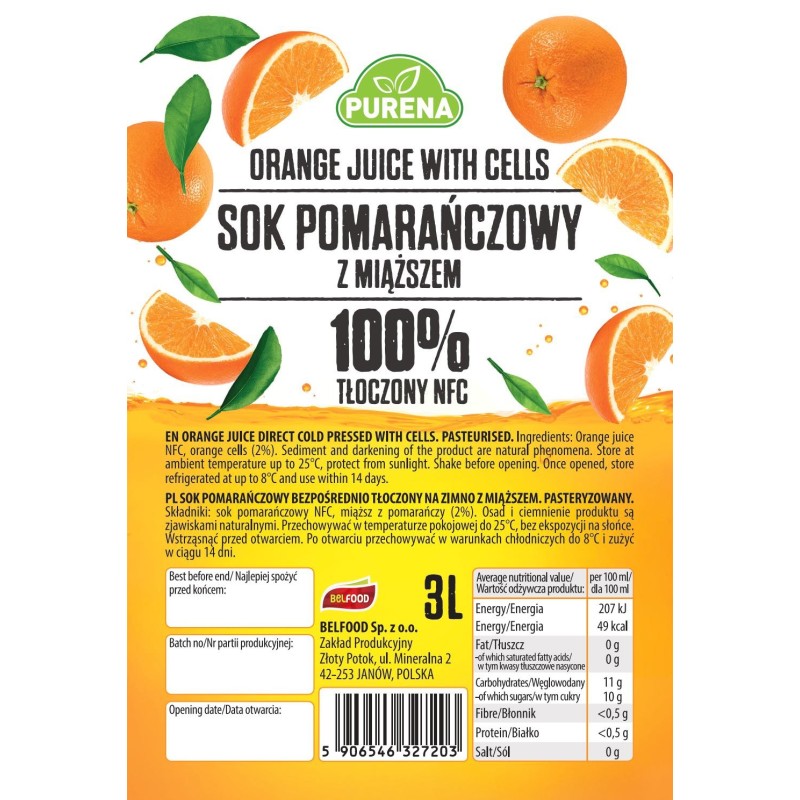 Sok pomarańczowy 100% z miąższem tłoczony NFC PURENA 3 L x 3 sztuki