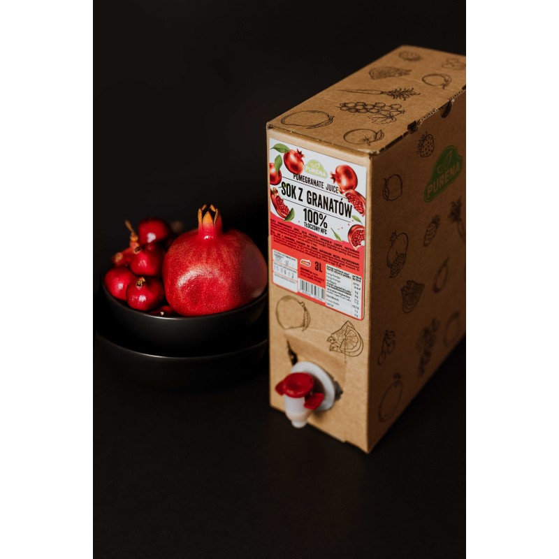 Nieklarowany sok z granatów 100% tłoczony PREMIUM NFC PURENA 3 L x 3 sztuki