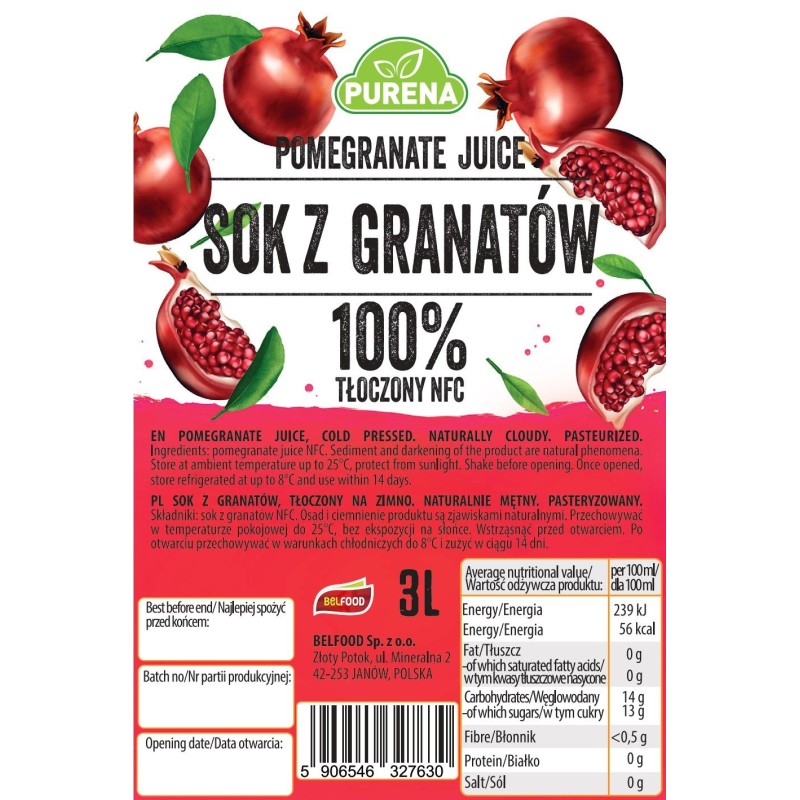 Nieklarowany sok z granatów 100% tłoczony PREMIUM NFC PURENA 3 L x 3 sztuki