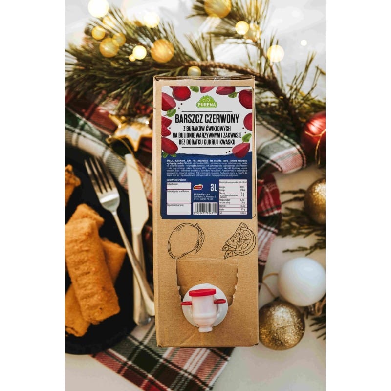 Barszcz czerwony z buraków ćwikłowych na warzywnym bulionie i zakwasie bez dodatku cukru i kwasku PURENA 3 L x 3 sztuki