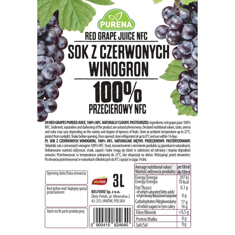 Sok z winogron czerwonych 100% REGENT tłoczony NFC PURENA 3 L x 3 sztuki