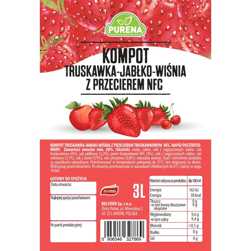 Kompot owocowy truskawka-jabłko-wiśnia + przecier NFC PURENA 3 L x 3 sztuki