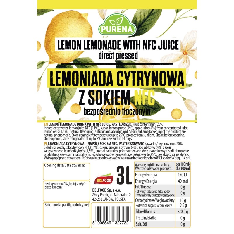 Lemoniada cytrynowa z sokiem NFC bezpośrednio tłoczonym PURENA 3 L x 3 sztuki