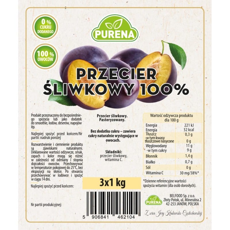 Pulpa puree przecier śliwkowy 100% bez cukru PURENA 3 x 1 kg
