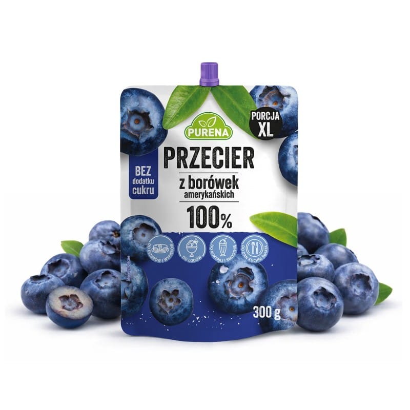 Borówka amerykańska 100% przecier mus bez cukru PURENA 300 g x 10 sztuk