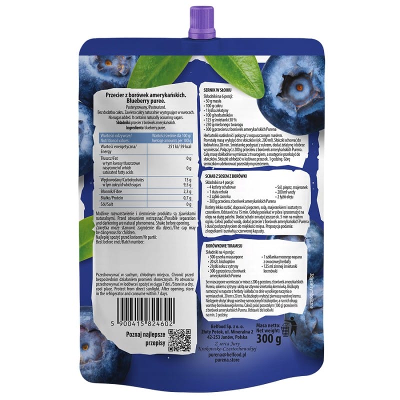 Borówka amerykańska 100% przecier mus bez cukru PURENA 300 g x 10 sztuk