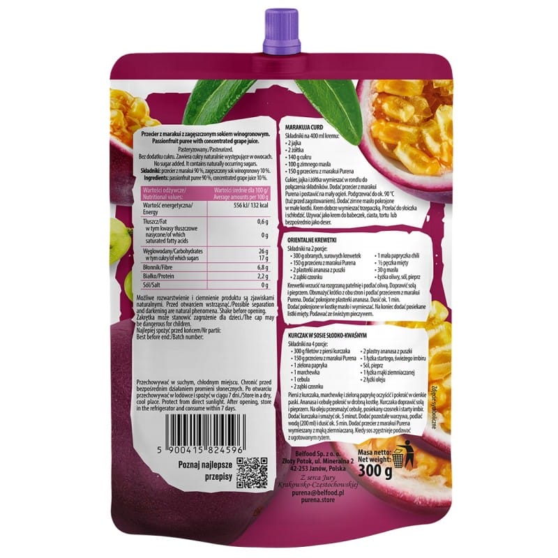 Przecier mus owocowy z marakui bez cukru PURENA 300 g x 10 sztuk