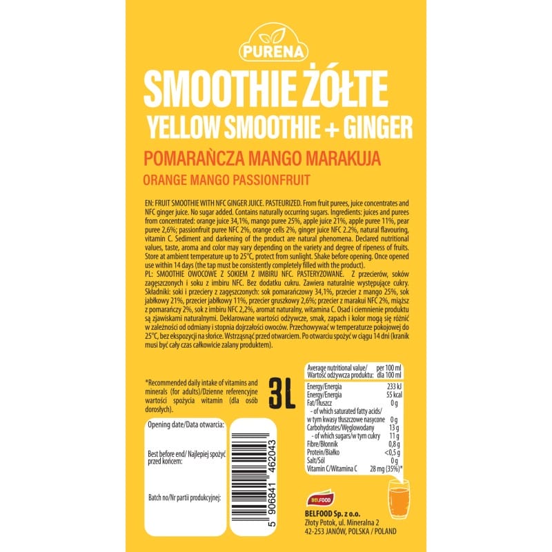 Smoothie żółte owocowe pomarańcza mango marakuja + sok imbir NFC koktajl PURENA 3 L