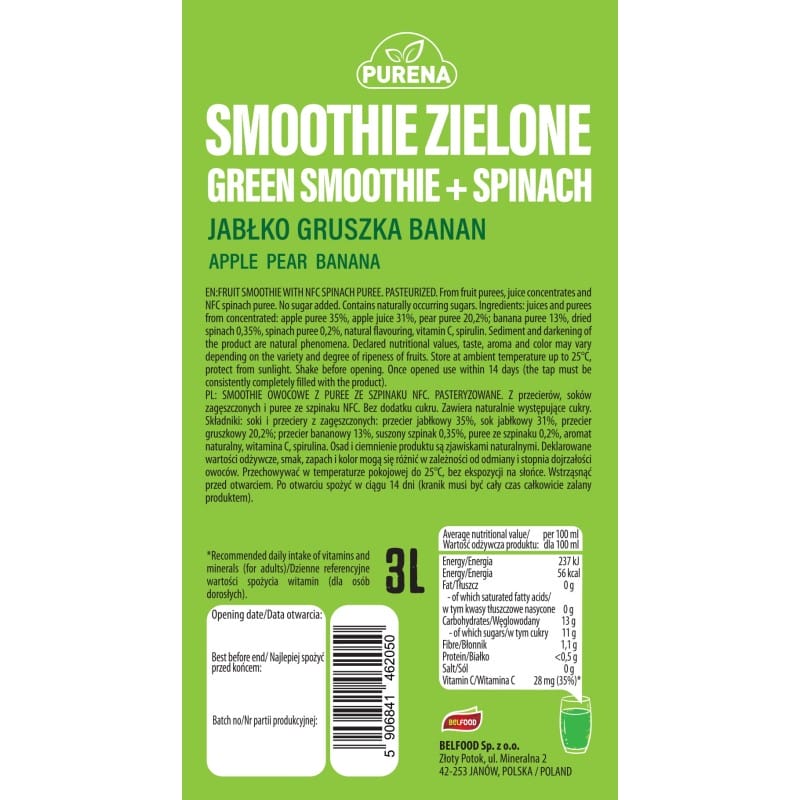 Smoothie zielone jabłko gruszka banan + przecier szpinak NFC 3 L