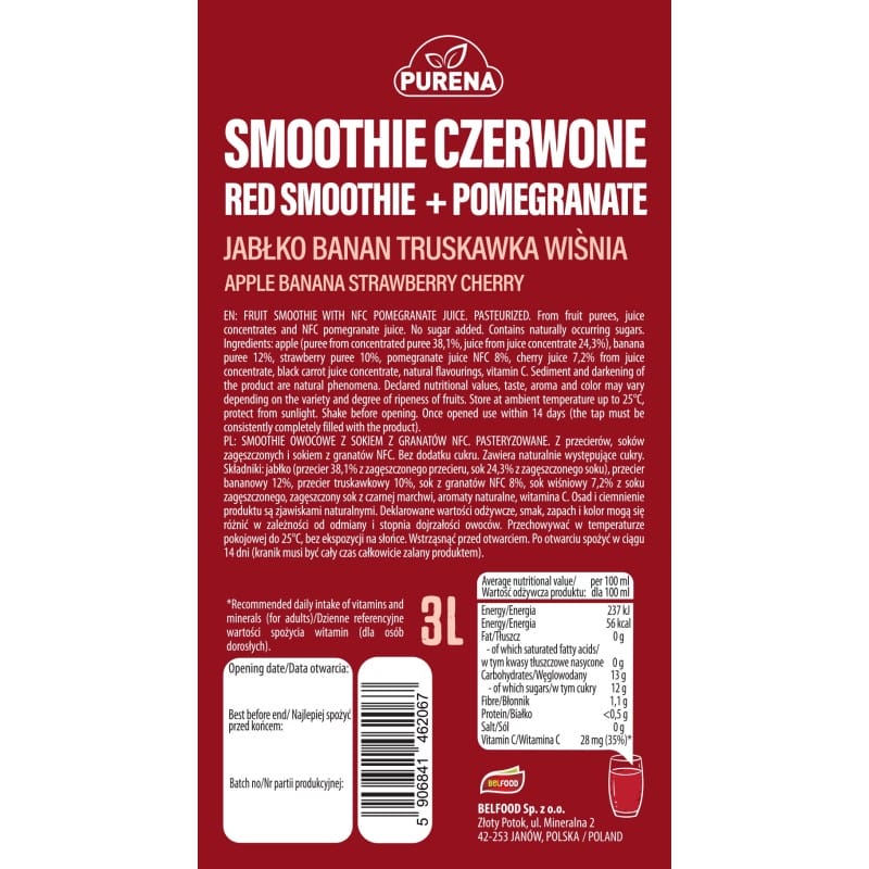 Smoothie czerwone owocowe jabłko banan truskawka wiśnia + sok granat NFC 3 L