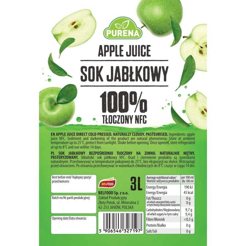 Sok z jabłek 100% bez dodatków tłoczony na zimno NFC 3 L x 3 sztuki