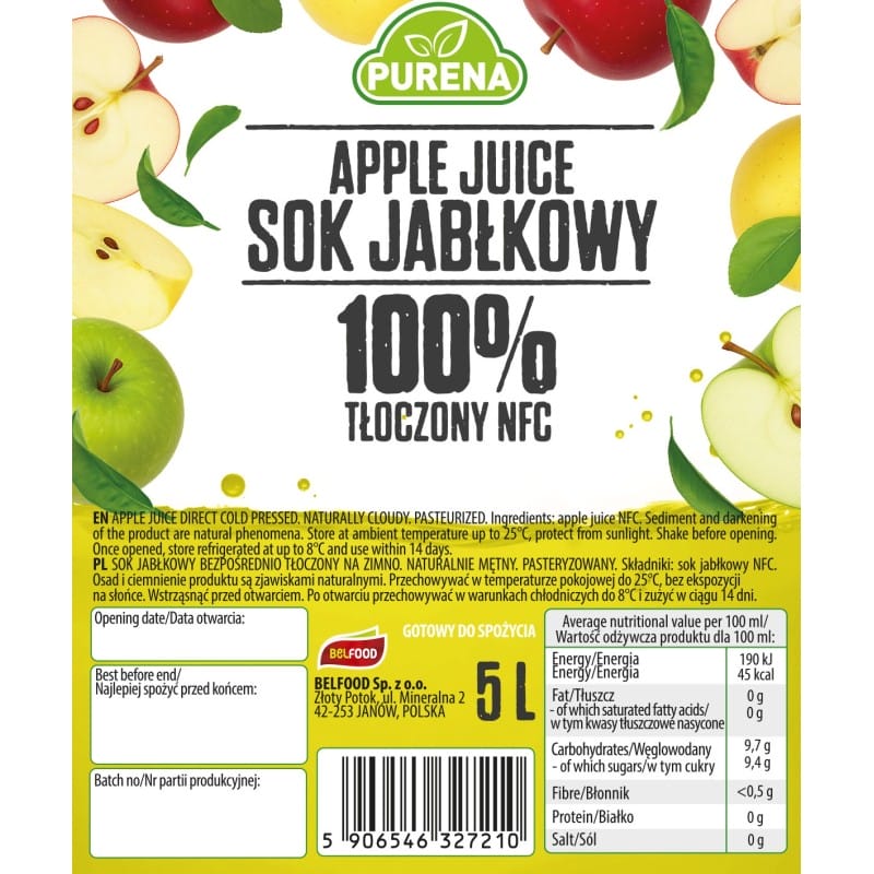 Sok jabłkowy 100% bez dodatku cukru tłoczony na zimno NFC 5 L