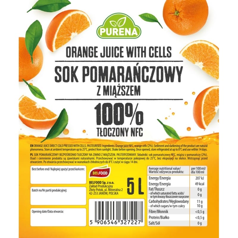 Sok pomarańczowy 100% bez dodatku cukru tłoczony na zimno NFC 5 L