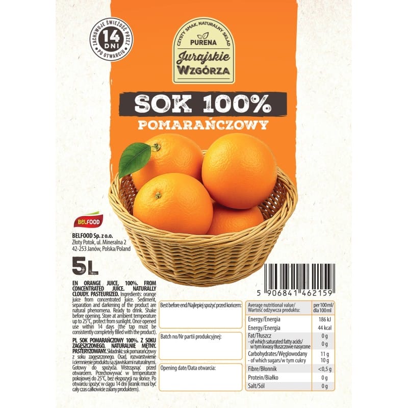 Sok pomarańczowy 100% naturalnie mętny bez dodatku cukru RTD 5 L