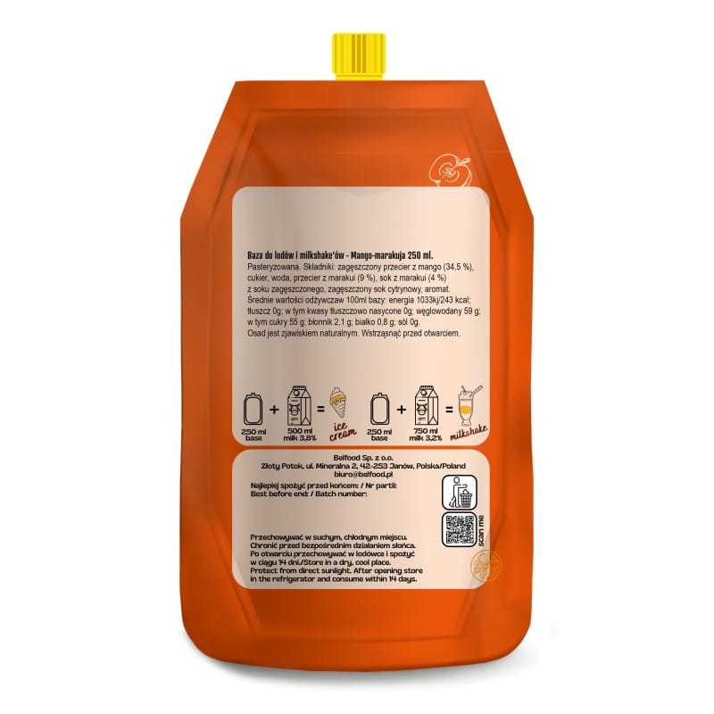 Mango - marakuja baza do lodów milkszejków 250 ml na 10 porcji