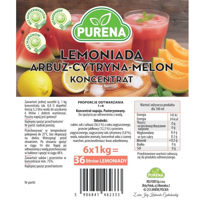 Lemoniada arbuz-cytryna-melon koncentrat 1 kg na 6 L