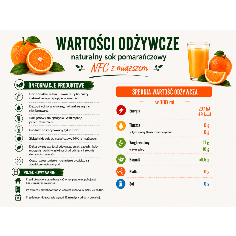 Sok pomarańczowy z miąższem bezpośrednio wyciskany z owoców 250 ml