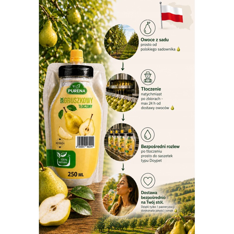 Sok gruszkowy bezpośrednio tłoczony z owoców BEZ KAUCJI PURENA 250 ml NFC