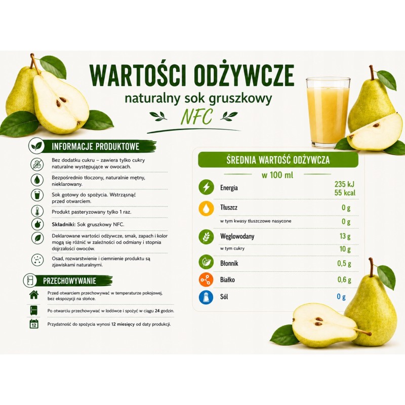 Sok gruszkowy bezpośrednio tłoczony z owoców BEZ KAUCJI PURENA 250 ml NFC