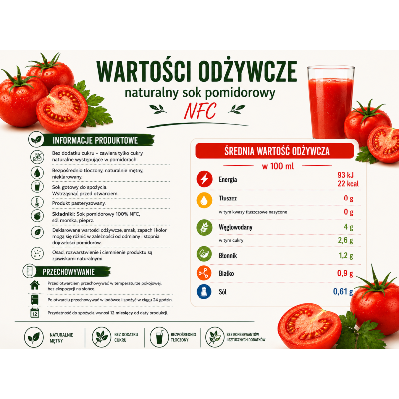 Sok pomidorowy 100% bezpośrednio tłoczony naturalny 250 ml NFC